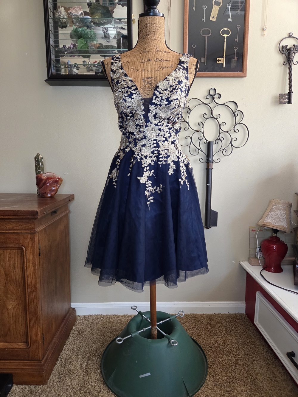 Xscape Navy Blue Dress with White Floral Appliqué